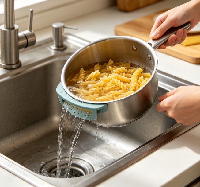 Clip-On Pot Strainer, Universal Hands-Free Pasta Grease Drainer Filter, Heat Resistant Silicone Edge Fit Most Pots & Pans for Noodle Vegetable Draining