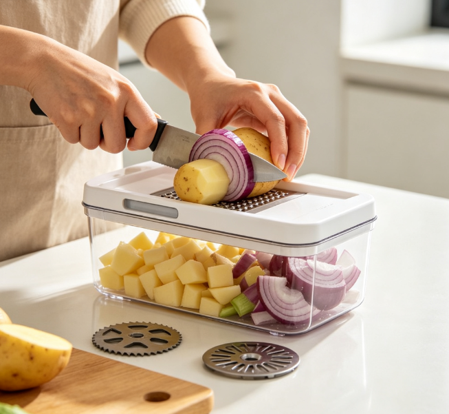 12-in-1 Multifunctional Vegetable Chopper, Food Dicer Slicer Grater with 7 Replaceable Blades & Container, Easy Clean Onion Potato Cutter for Kitchen Prep